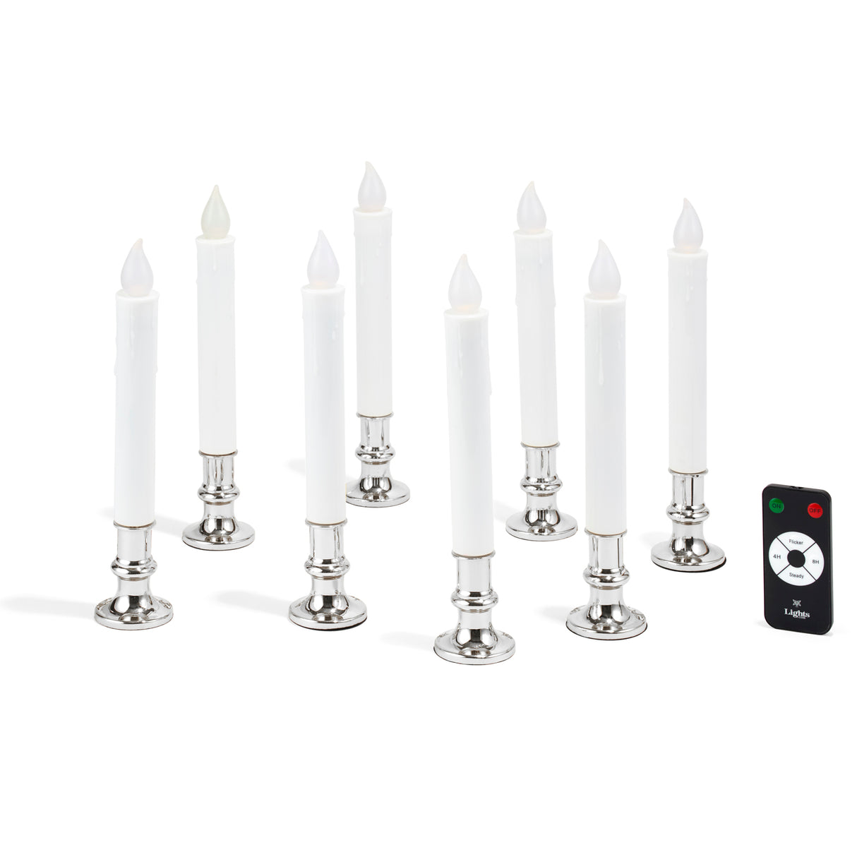 White 7" Flameless Resin Taper Candles with Silver Bases, Set of 8