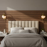 Powell Wall Sconce with Hooded White Globe, Aged Brass for Modern home with Wood Siding