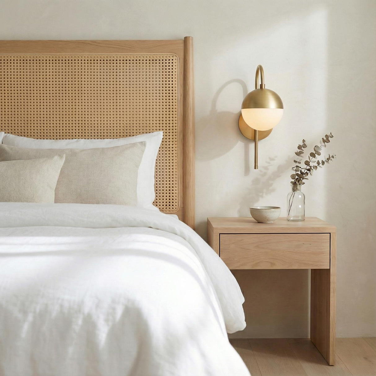 Powell Wall Sconce with Hooded White Globe, Aged Brass globe Wall Sconce in a Mid-Century Bedroom with a cane headboard and oak nightstand.