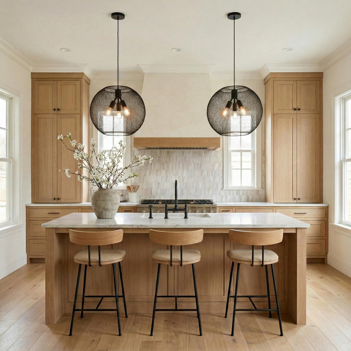 A transitional kitchen featuring two matte black mesh globe pendants suspended over a white marble island with natural wood cabinets and a neutral textured tile backsplash.
