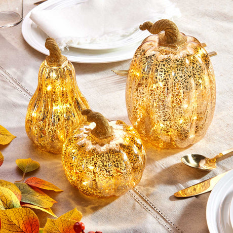 Gold LED Pumpkins with Mercury Glass Finish, Set of 3