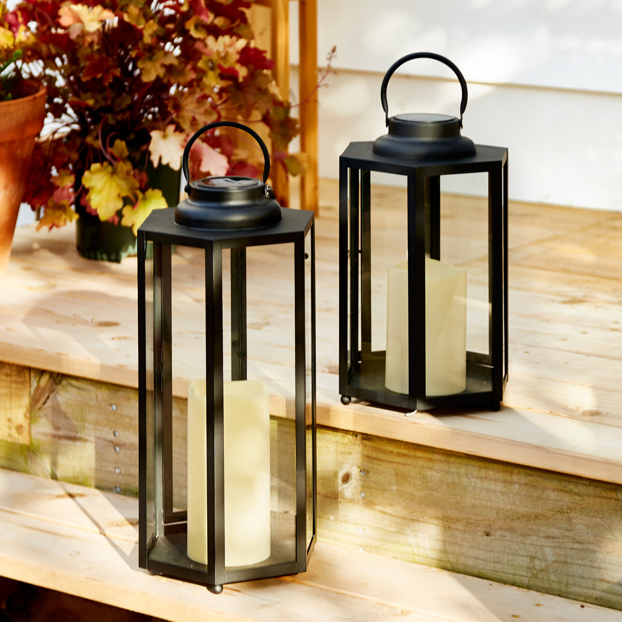 Rigel Hexagonal Metal Lantern with Solar LED Candle, Large