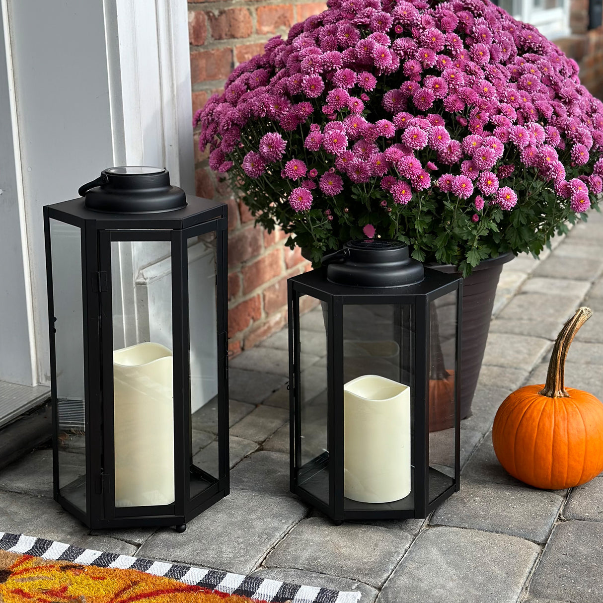 Rigel Hexagonal Metal Lantern with Solar LED Candle, Large