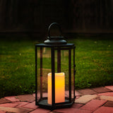 Rigel Hexagonal Metal Lantern with Solar LED Candle, Medium