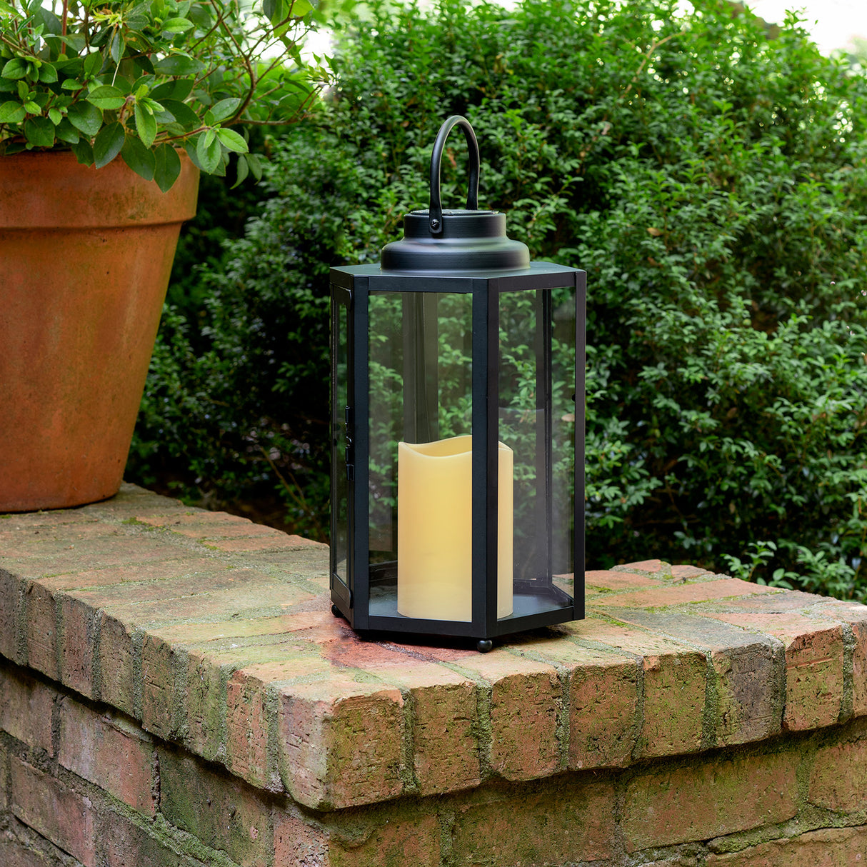 Rigel Hexagonal Metal Lantern with Solar LED Candle, Medium