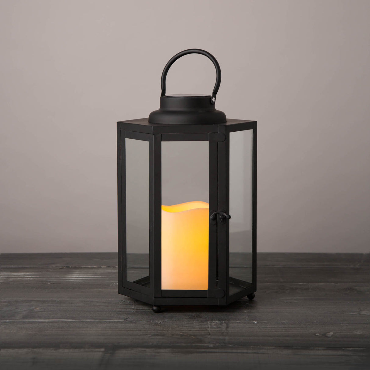 Rigel Hexagonal Metal Lantern with Solar LED Candle, Medium