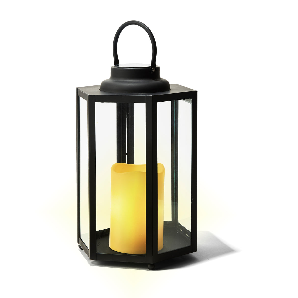 Rigel Hexagonal Metal Lantern with Solar LED Candle, Medium