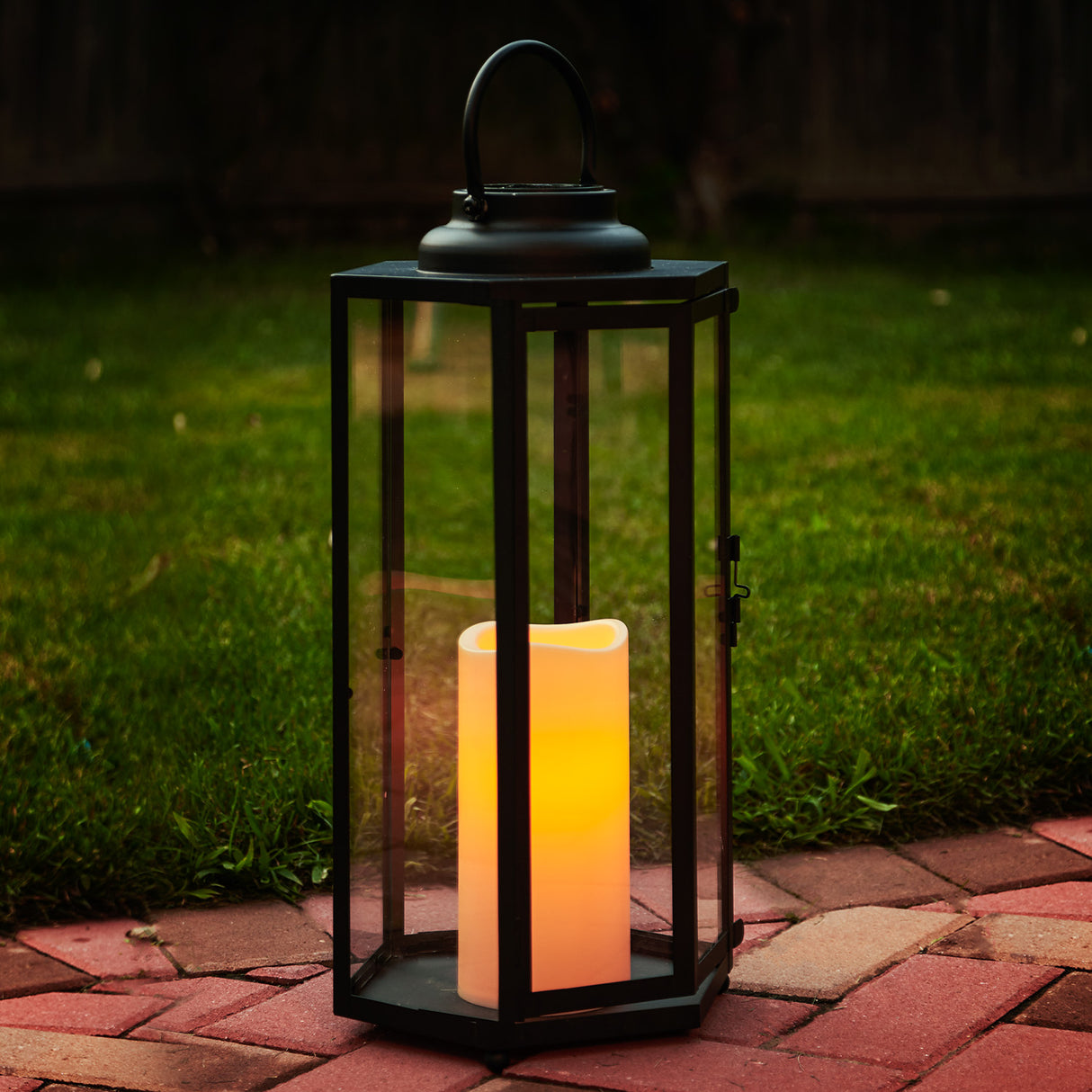Rigel 21.5" Hexagonal Metal Outdoor Lantern with Solar LED Candle