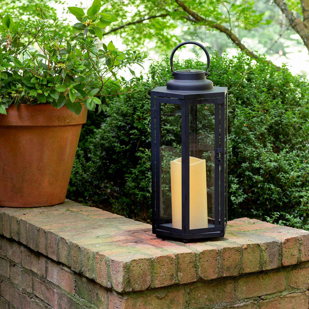 Rigel Hexagonal Metal Lantern with Solar LED Candle, Large