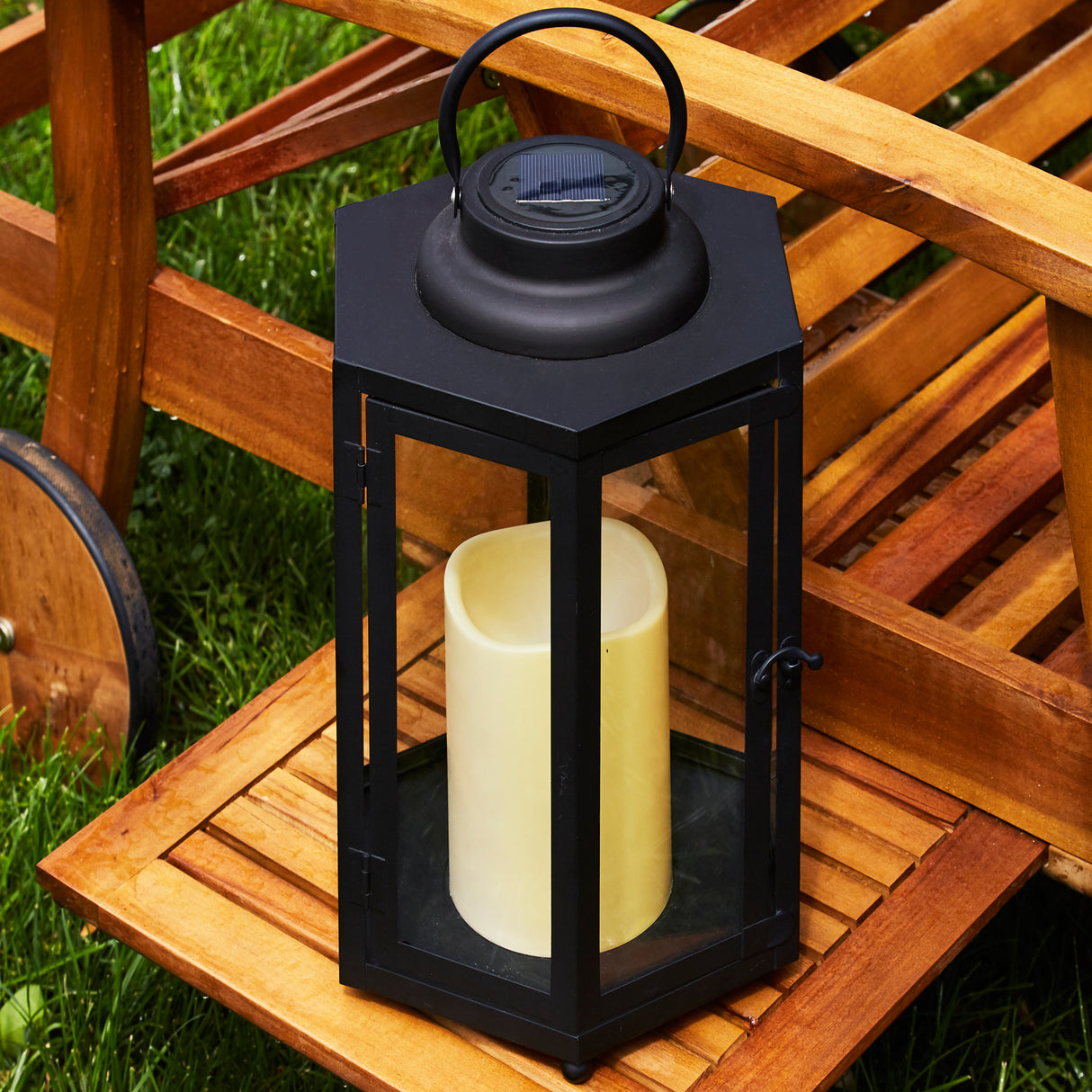 Rigel Hexagonal Metal Lantern with Solar LED Candle, Large