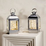 Adoria Silver Metal Lantern with Fairy Lights, Set of 2