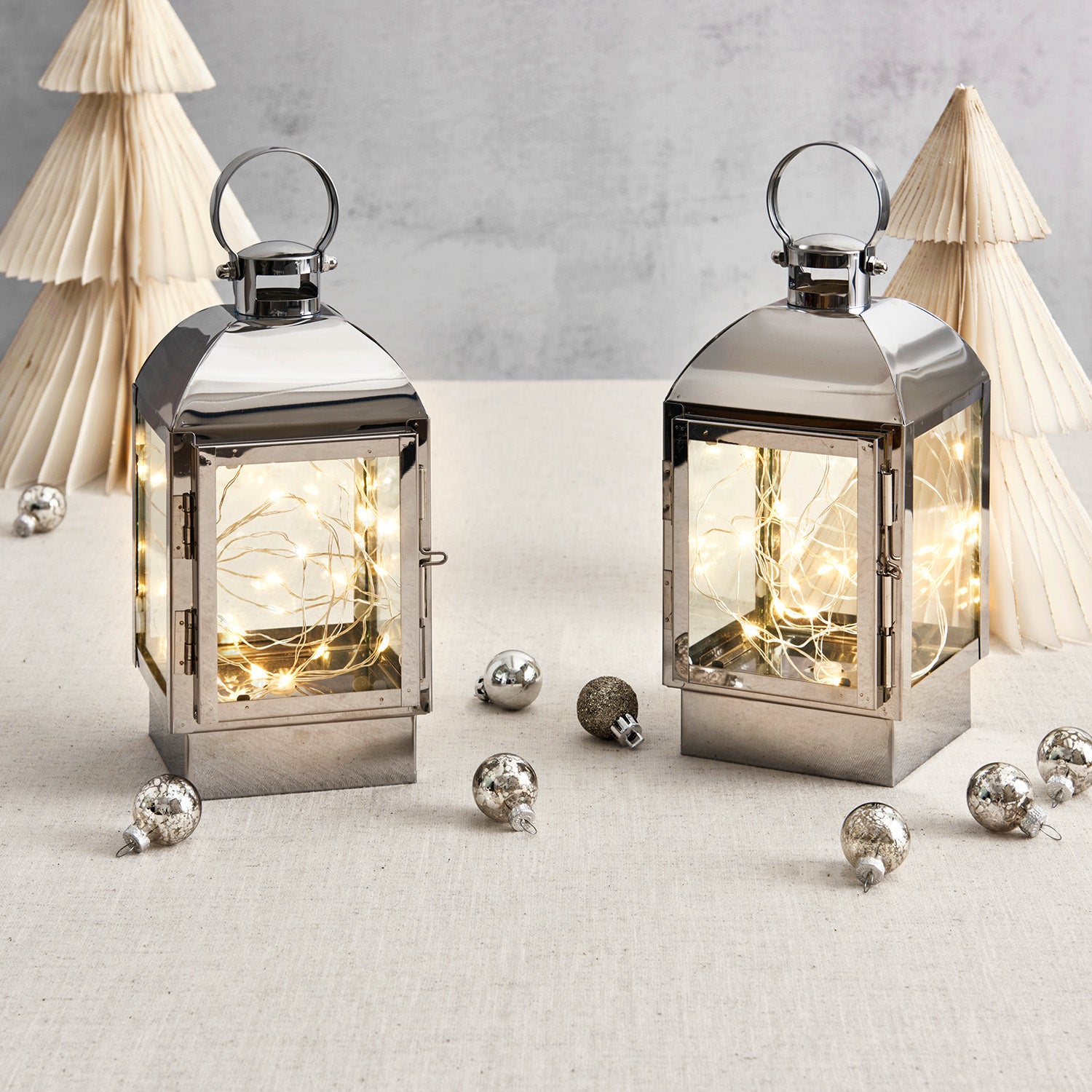 Adoria Silver Metal Lantern with Fairy Lights, Set of 2