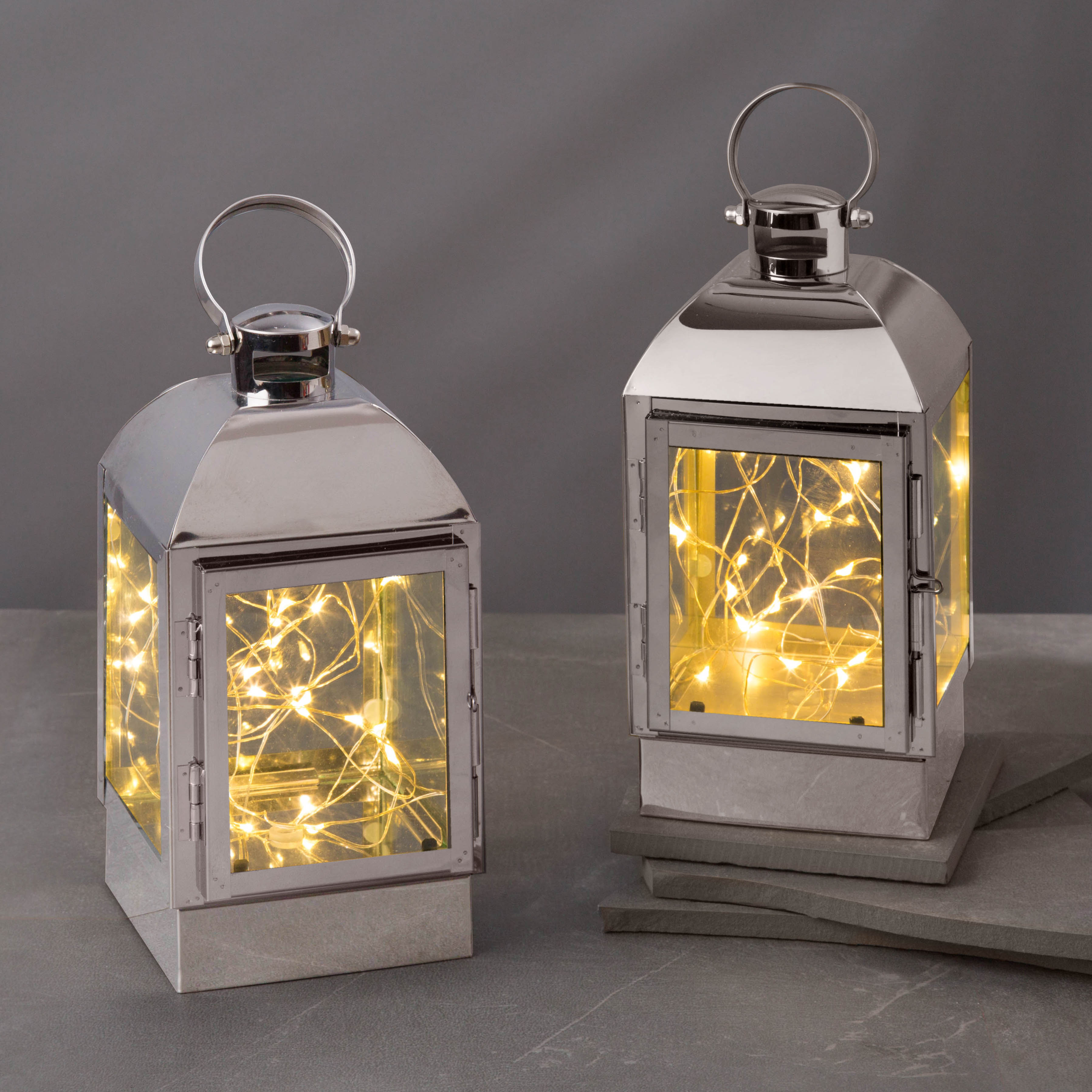 Adoria Silver Metal Lantern with Fairy Lights, Set of 2