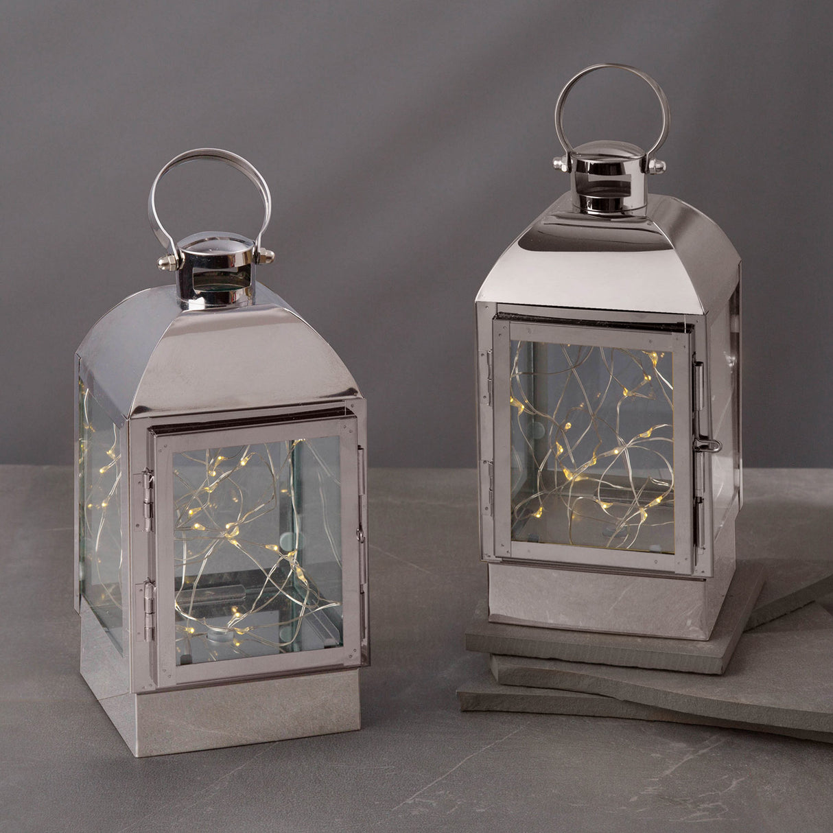 Adoria Silver Metal Lantern with Fairy Lights, Set of 2