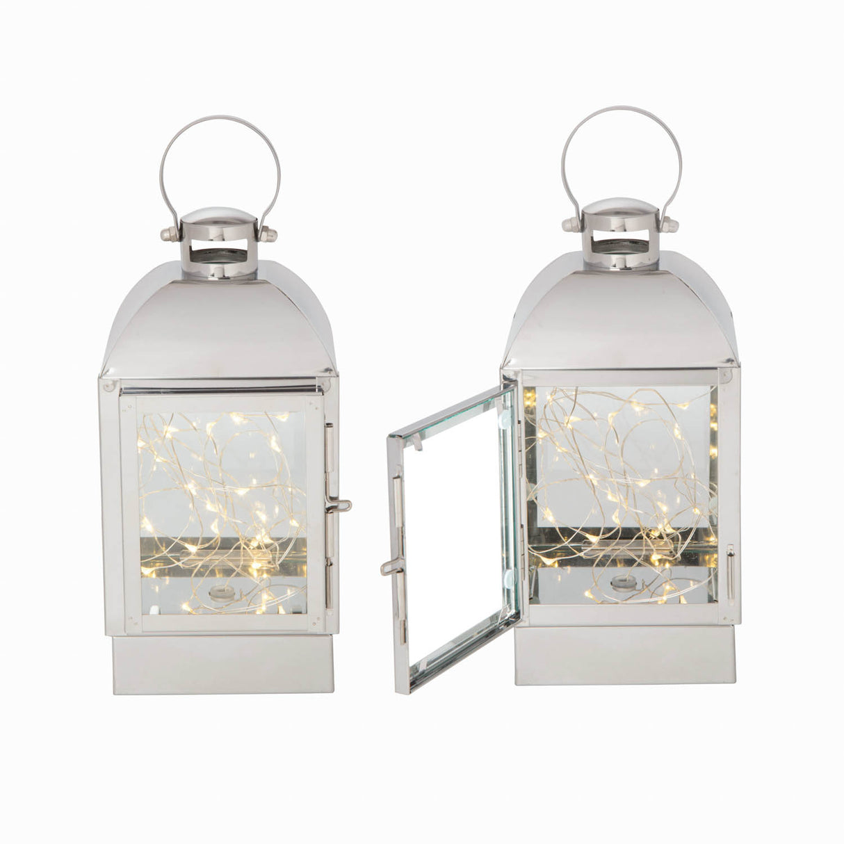 Adoria Silver Metal Lantern with Fairy Lights, Set of 2