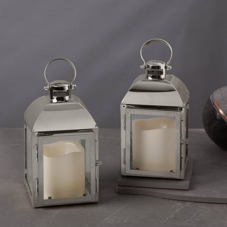 Cherish Silver Metal Lantern with Flameless Candle, Set of 2