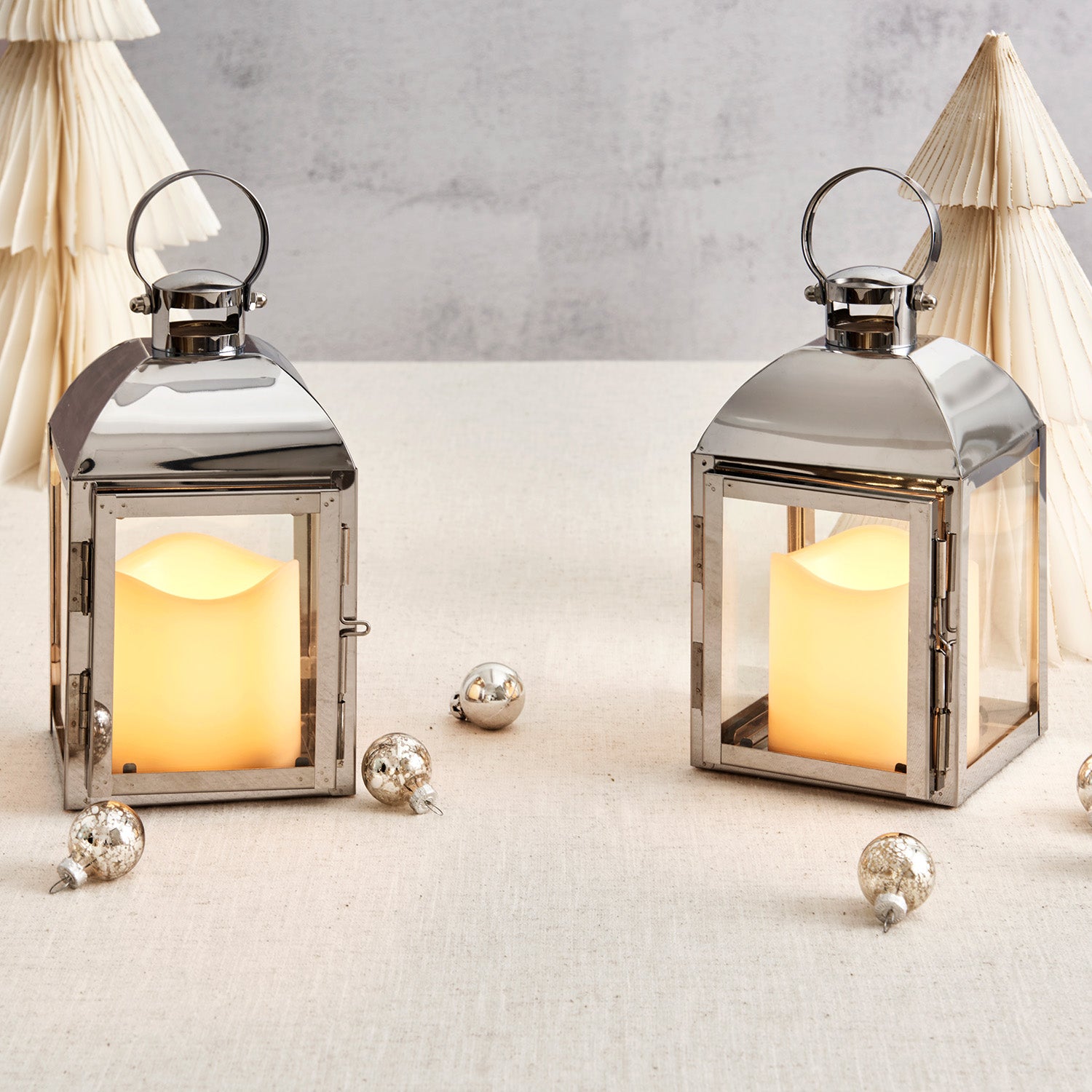 Cherish Silver Metal Lantern with Flameless Candle, Set of 2