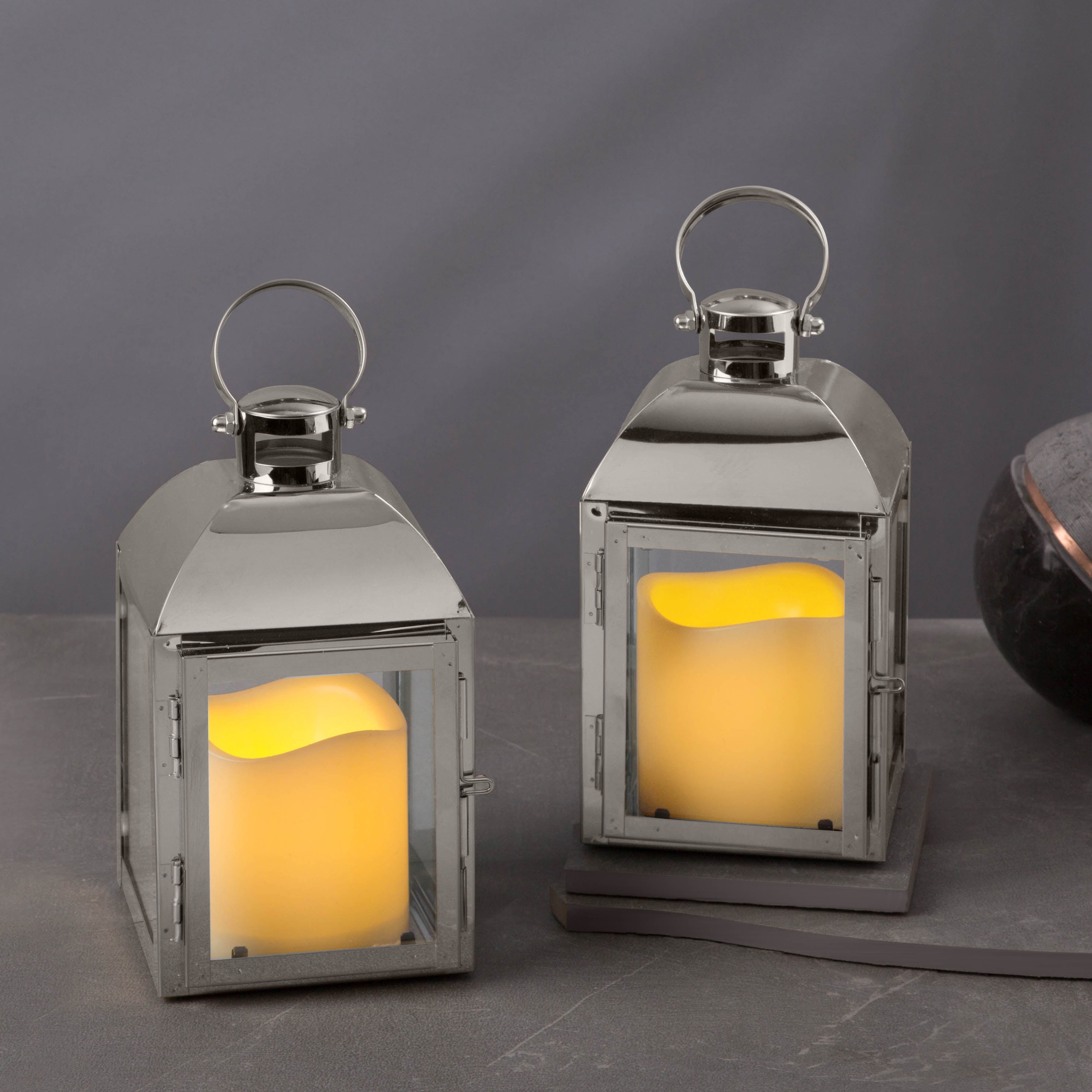 Cherish Silver Metal Lantern with Flameless Candle, Set of 2