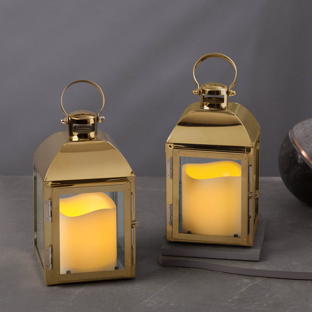 Cherish Gold Metal Lantern with Flameless Candle, Set of 2