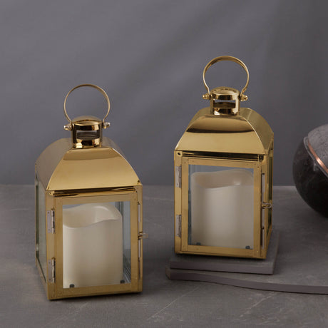 Cherish Gold Metal Lantern with Flameless Candle, Set of 2
