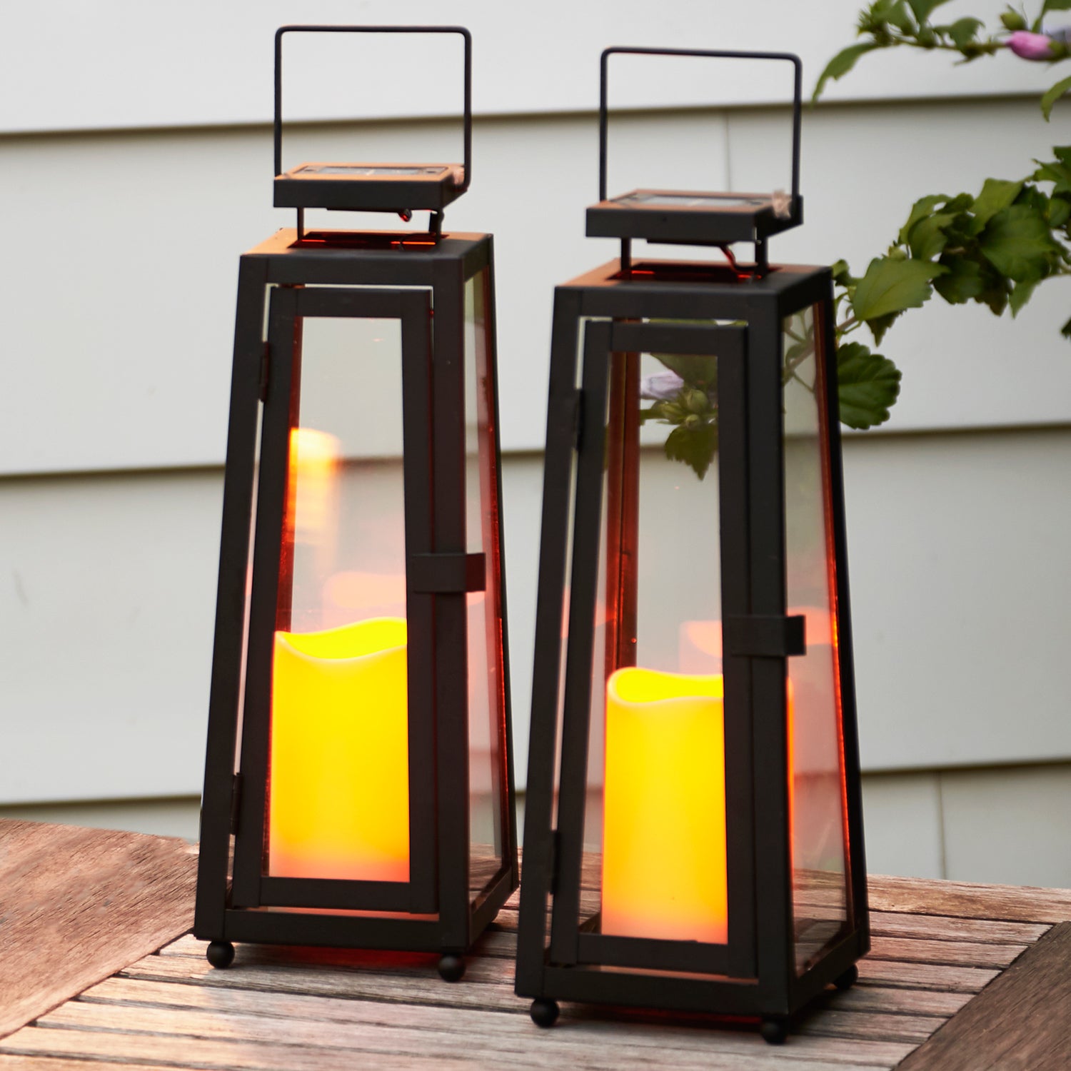 Quincy Black Medium Solar Metal Lanterns, Set of 2