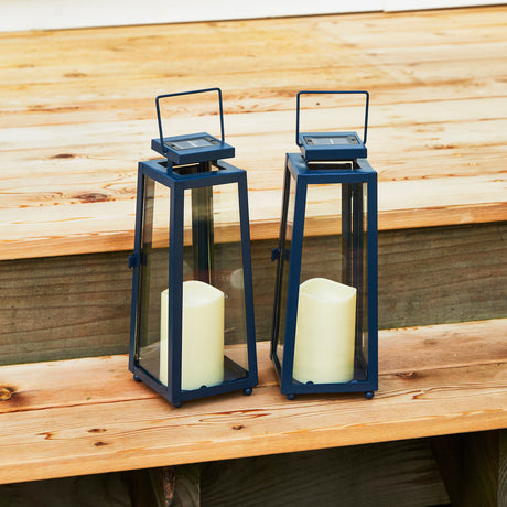 Nantucket Blue Medium Solar Metal Lantern - Set of 2