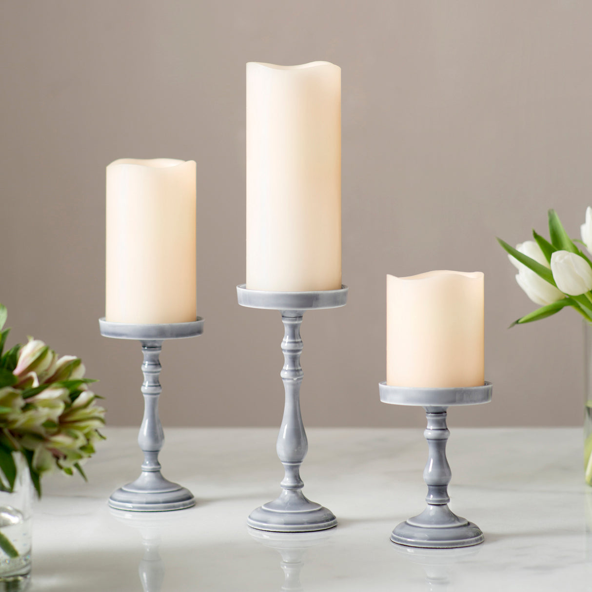 Magnolia 3" Pillar Candle Holder, Gray, Set of 3