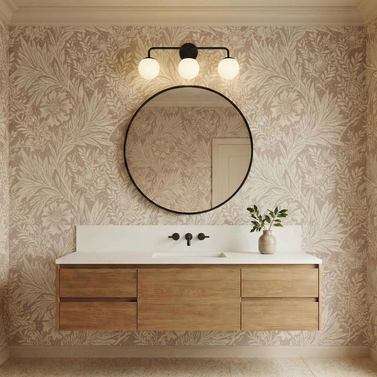 Castell 3 Globe Vanity, Matte Black globe Vanity in a Transitional Bathroom with floral wallpaper and a floating wood vanity.