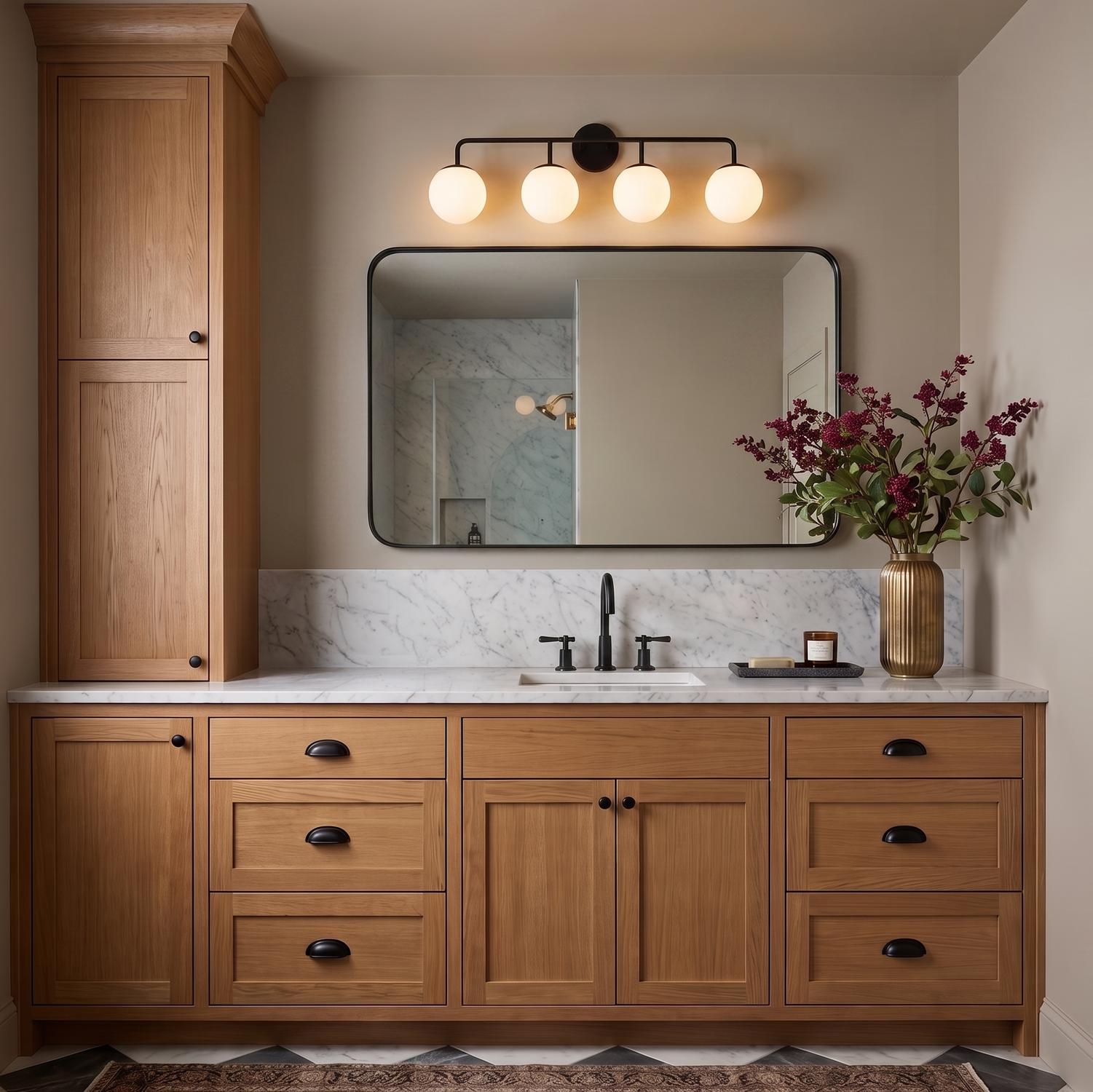 A modern bathroom featuring the Castell 4 Globe Vanity, Matte Black, mounted above a rounded mirror with white marble countertops and light oak cabinetry.