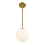 From below, Castell LED 8" Globe Pendant Light, Opal White Glass, Mid-Century Modern, Aged Brass Metal Finish, with light on