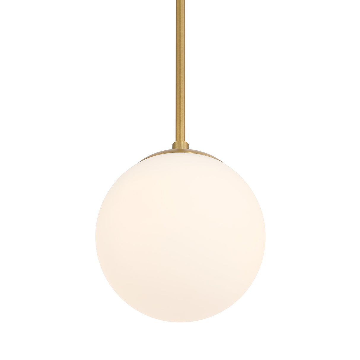 Close-up of closed glass globe, Castell LED 8" Globe Pendant Light, Opal White Glass, Mid-Century Modern, Aged Brass Metal Finish, with light on 