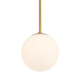 Close-up of closed glass globe, Castell LED 8" Globe Pendant Light, Opal White Glass, Mid-Century Modern, Aged Brass Metal Finish, with light on 