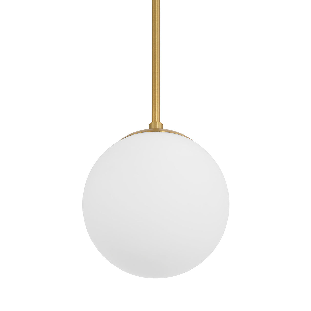 Close-up of closed glass globe, Castell LED 8" Globe Pendant Light, Opal White Glass, Mid-Century Modern, Aged Brass Metal Finish, with light off