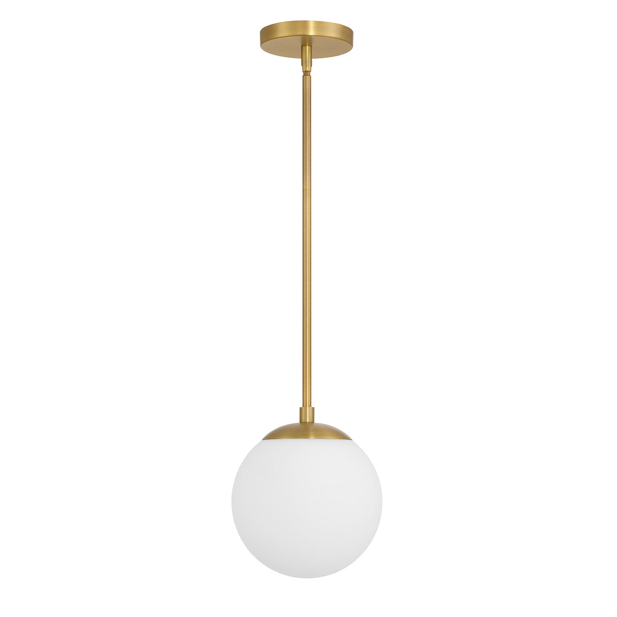 Castell LED 8" Globe Pendant Light, Opal White Glass, Mid-Century Modern, Aged Brass Metal Finish, with light off