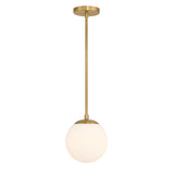 Castell LED 8" Globe Pendant Light, Opal White Glass, Mid-Century Modern, Aged Brass Metal Finish, with light on