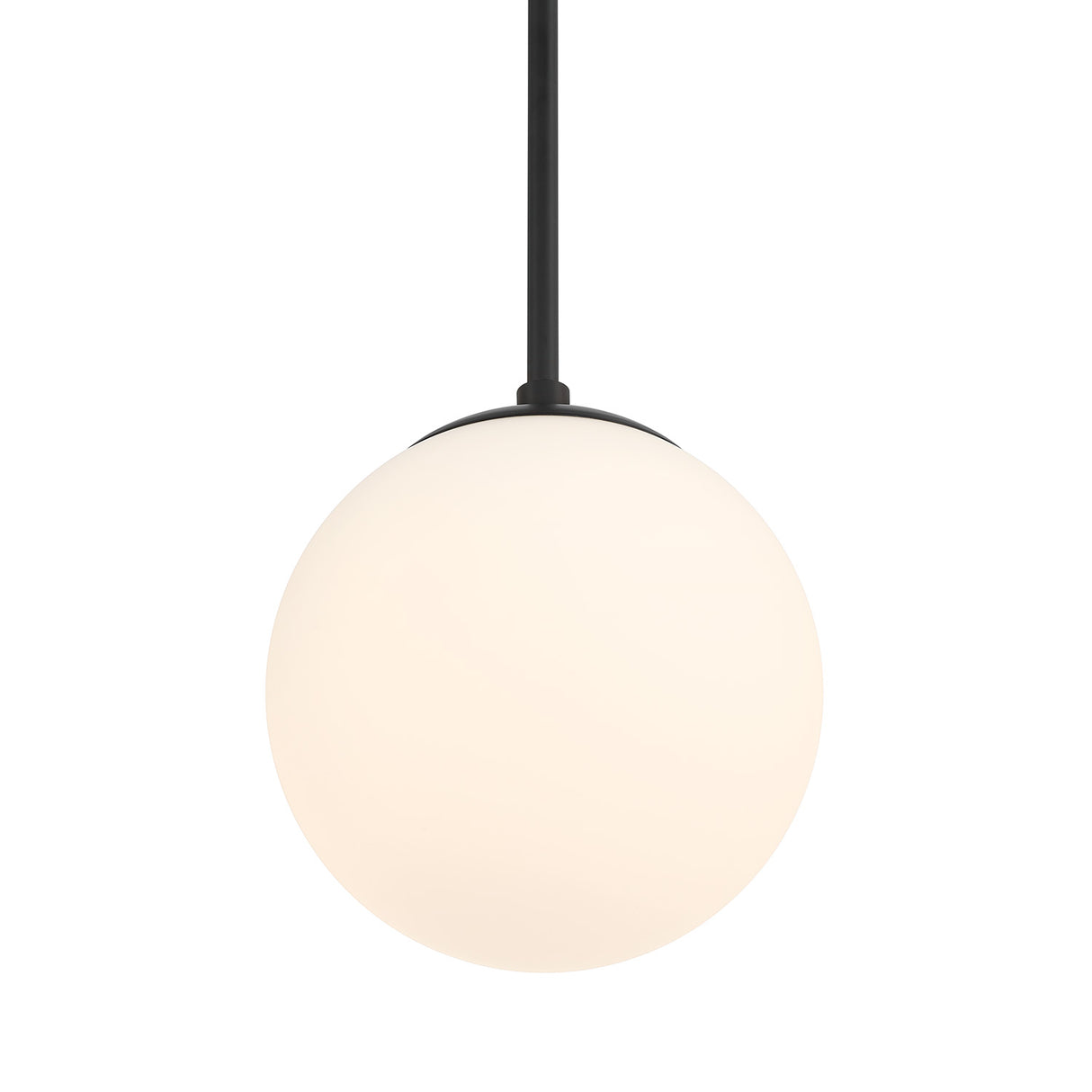 Close-up of closed globe, Castell LED 8" Globe Pendant Light, Opal White Glass, Mid-Century Modern, Matte Black Metal Finish, with light on