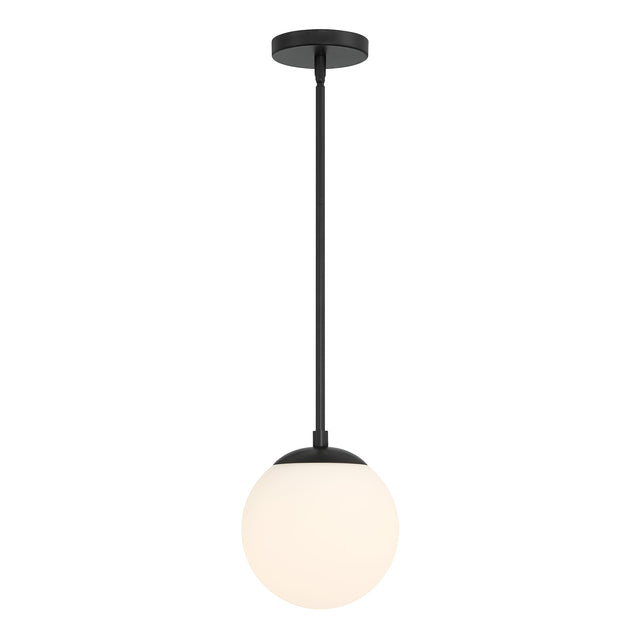 Castell LED 8" Globe Pendant Light, Opal White Glass, Mid-Century Modern, Matte Black Metal Finish, with light on