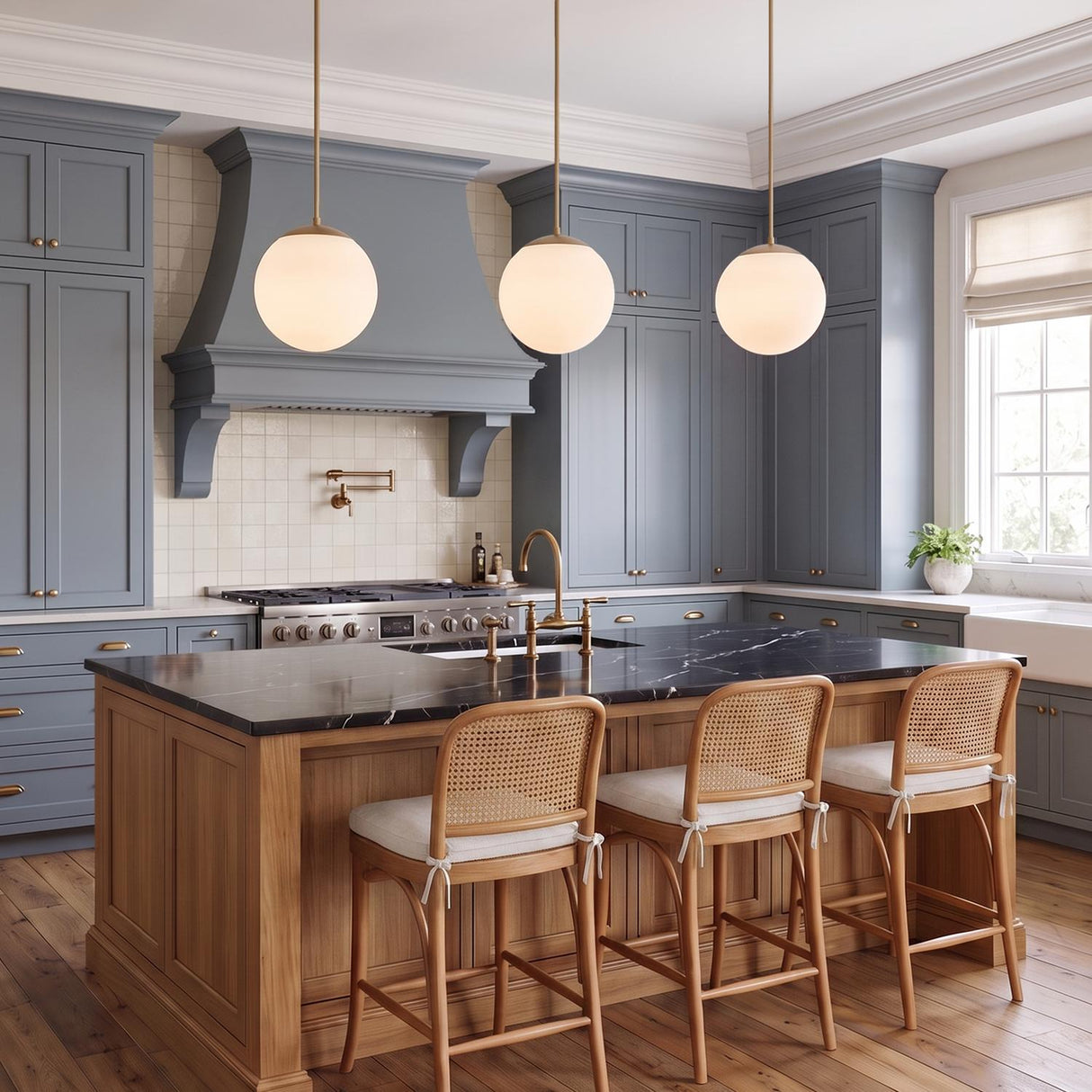 A transitional kitchen featuring three Castell 12" Globe Pendants in aged brass over a black marble island with blue cabinets and woven rattan stools.