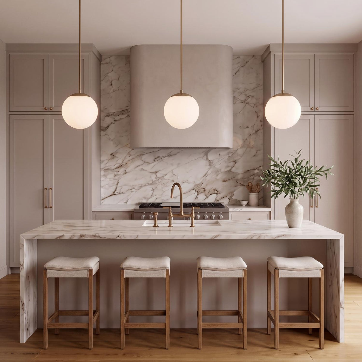 A transitional kitchen featuring three Castell 12" Globe Pendants in aged brass over a white marble waterfall island and taupe cabinets with matching backsplash.