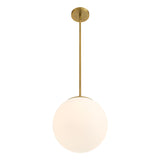 Castell LED 12" Globe Pendant Light, Opal White Glass, Mid-Century Modern, Aged Brass Metal Finish, with light on from below