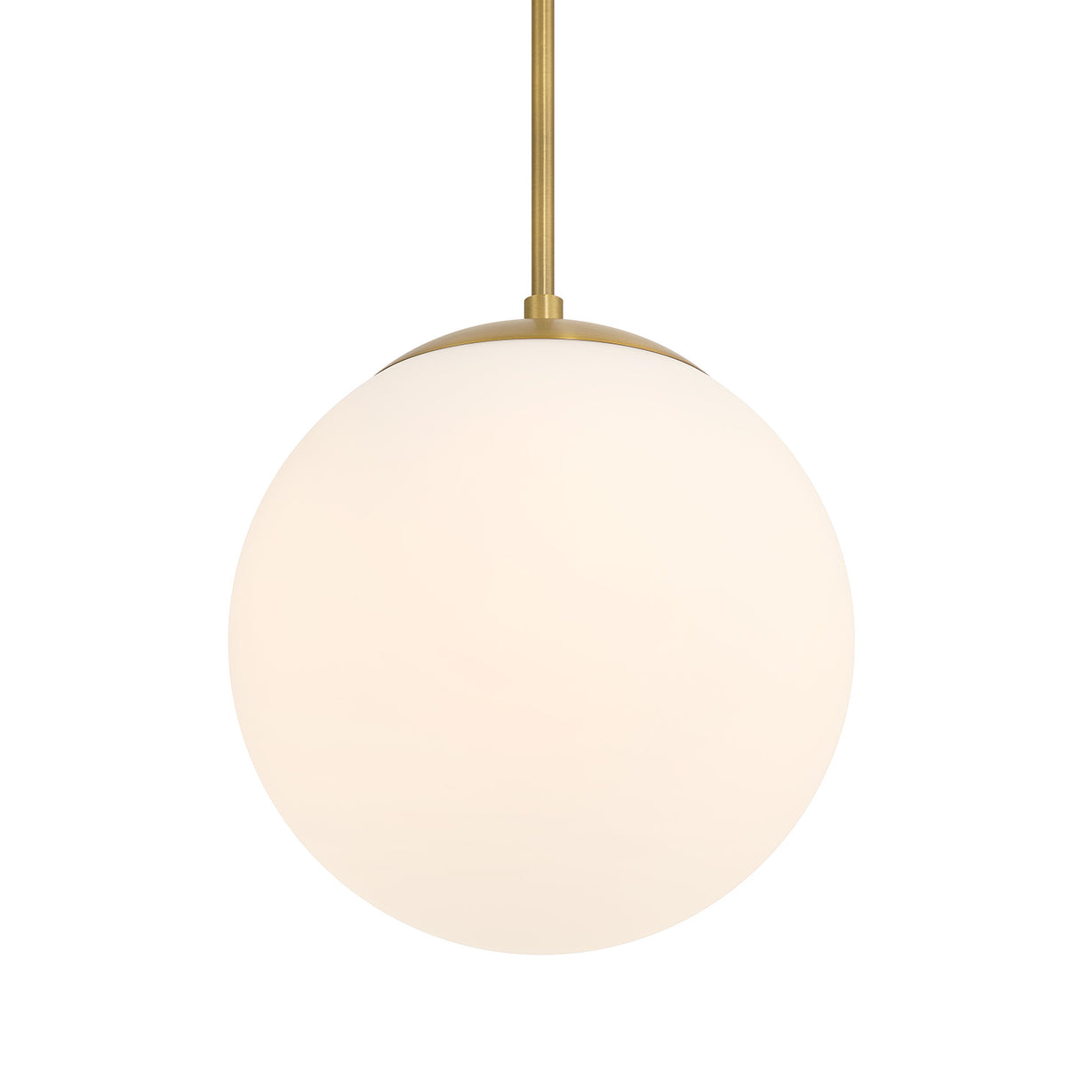 Close-up of closed glass globe, Castell LED 12" Globe Pendant Light, Opal White Glass, Mid-Century Modern, Aged Brass Metal Finish, with light on