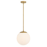 Castell LED 12" Globe Pendant Light, Opal White Glass, Mid-Century Modern, Aged Brass Metal Finish, with light on