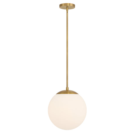 Castell LED 12" Globe Pendant Light, Opal White Glass, Mid-Century Modern, Aged Brass Metal Finish, with light on