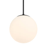 Close-up of closed glass globe, Castell LED 12" Globe Pendant Light, Opal White Glass, Mid-Century Modern, Matte Black Metal Finish, with light on