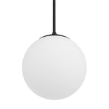 Close-up of closed glass globe, Castell LED 12" Globe Pendant Light, Opal White Glass, Mid-Century Modern, Matte Black Metal Finish, with light off