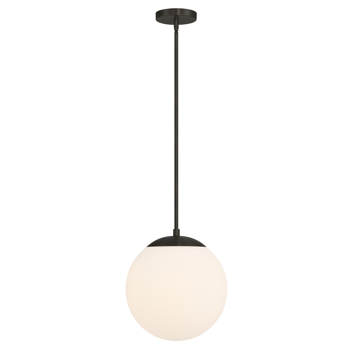 Castell LED 12" Globe Pendant Light, Opal White Glass, Mid-Century Modern, Matte Black Metal Finish, with light on