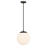 Castell LED 12" Globe Pendant Light, Opal White Glass, Mid-Century Modern, Matte Black Metal Finish, with light on