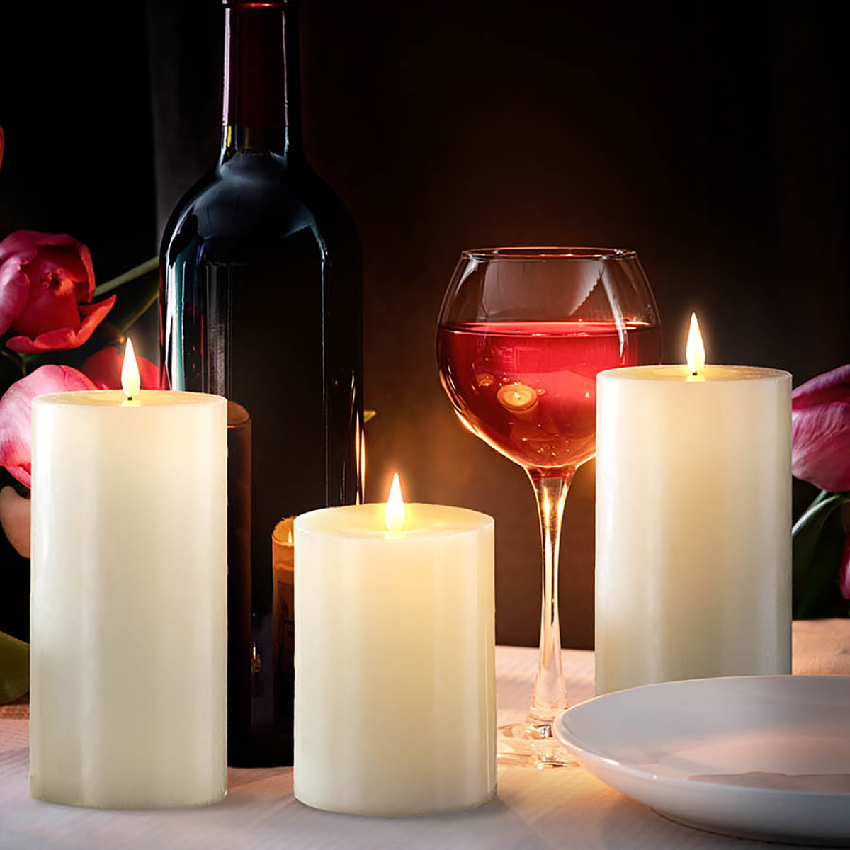 Infinity Wick Ivory Pillar Candles, 3