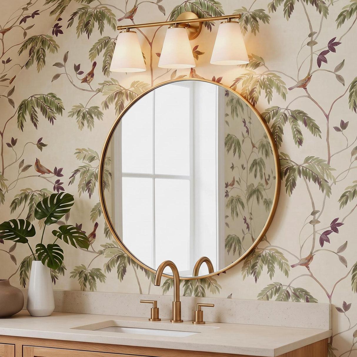 A transitional bathroom features the Carlisle 3 Light Vanity, Brushed Brass with Opal Glass mounted above a round gold mirror and bird-themed botanical wallpaper.