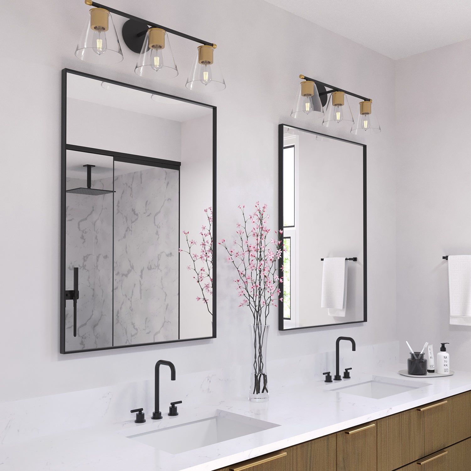 Carlisle 3 Light Vanity, Matte Black and Brushed Brass